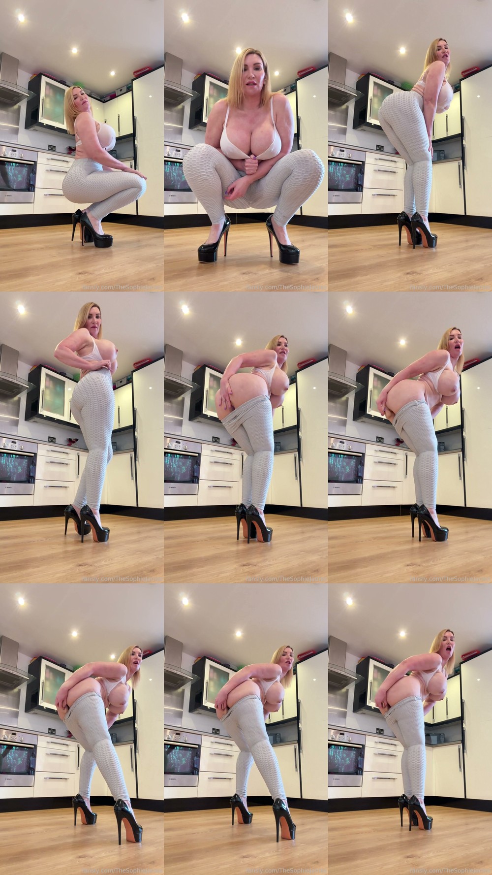 Scene screenshots from Thesophiejames - I Know Exactly What You Want Big Ass And Big Tits Tease Wearing See-Through Set White Bra And Wet Light Grey Leggings Sticking My Ass In The Air And Fucking Myself From Behind (OnlyFans)